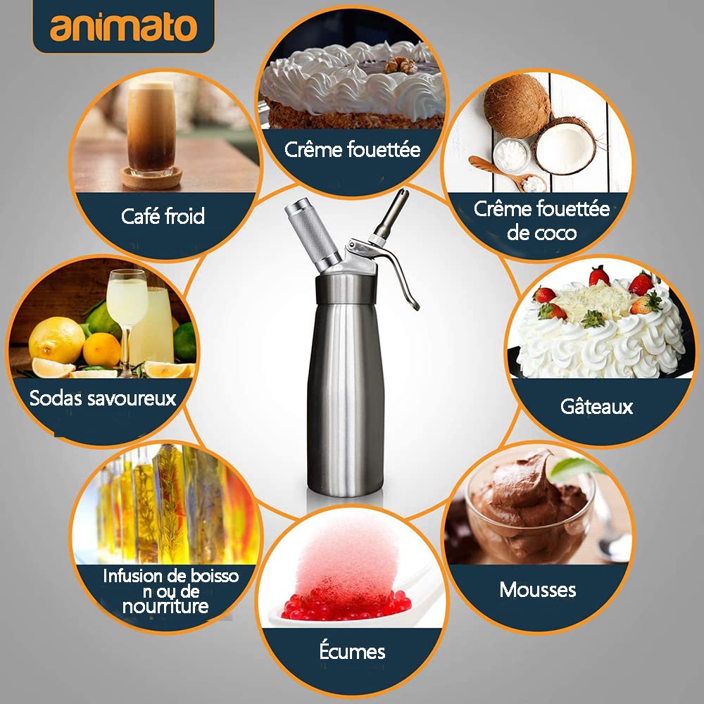 500 ml sifón de Cocina espumas Acero Inoxidable extraíble sifon de Nata Aluminio con 3 boquillas Acero Inoxidable y 1 Cepillo, dispensador de Crema para