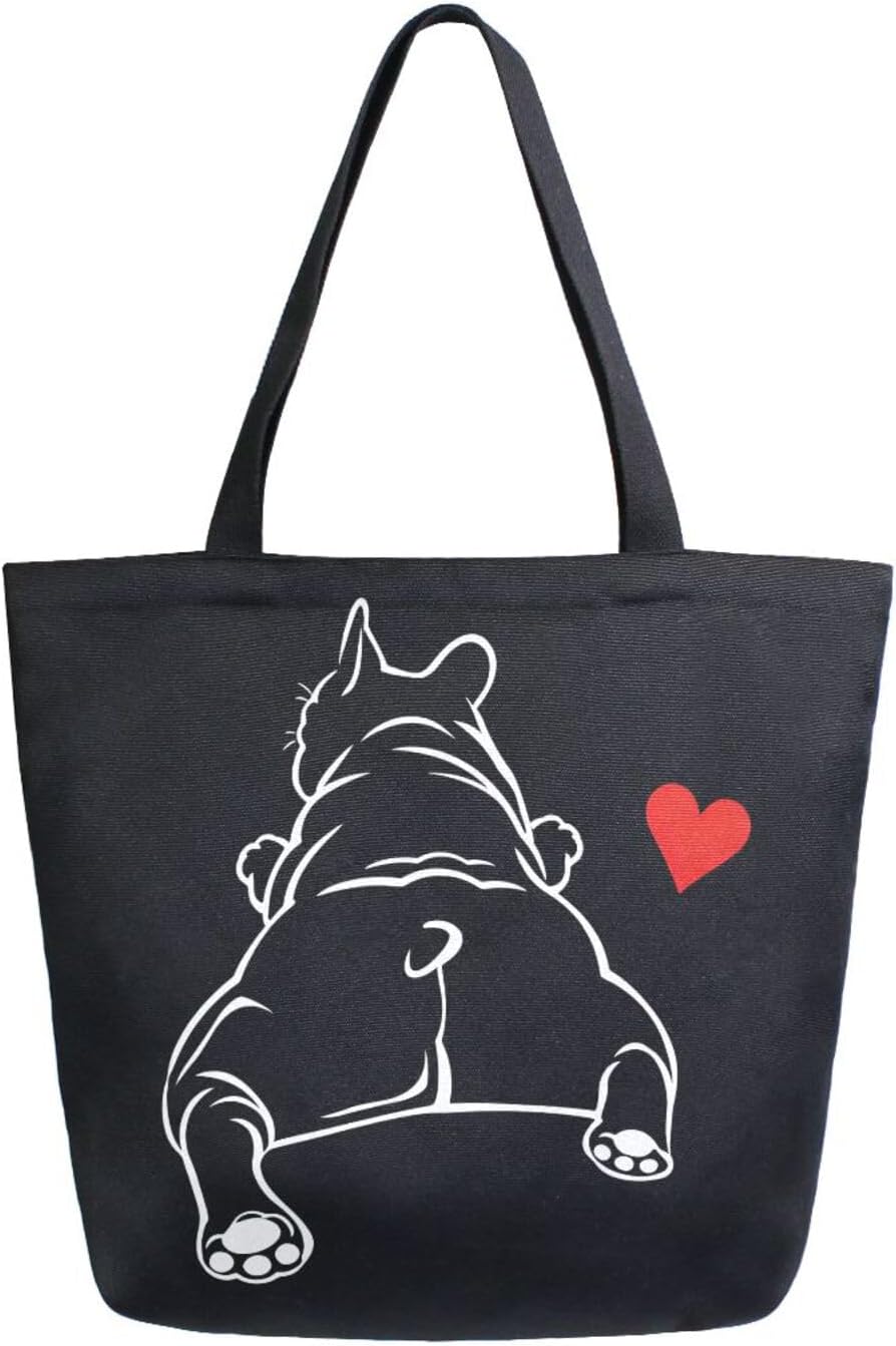 ALAZA Funny Bulldog Puppy Dog French Large Canvas Tote Bag Reusable Grocery Shopping Bag with Handles, Heavy Duty, Washable