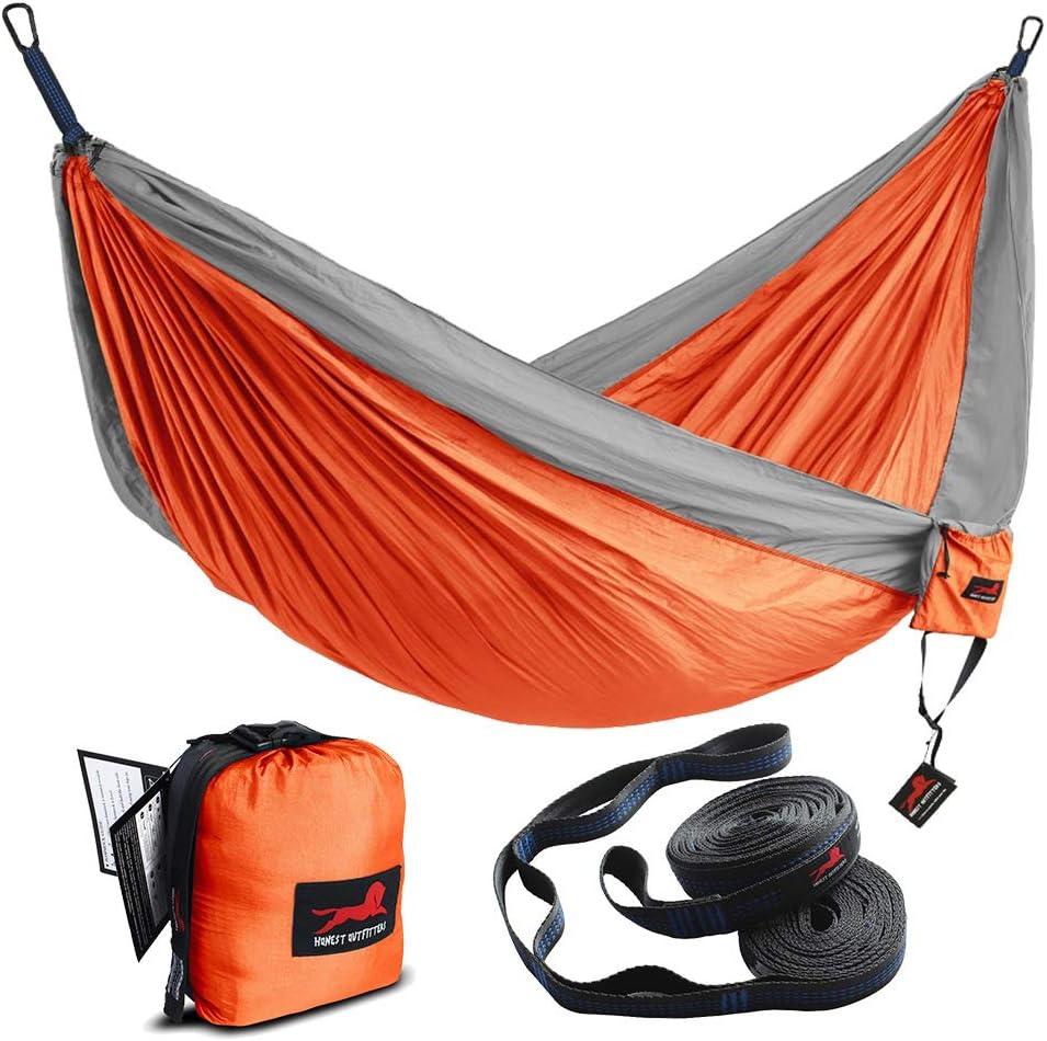 HONEST OUTFITTERS Single & Double Camping Hammock with Hammock Tree Straps,Portable Parachute Nylon Hammock for Backpacking Travel 78" W x 118" L Orange/Grey