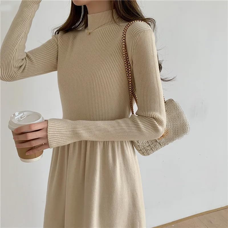 Robe midi en tricot à col roulé pour femme - Style vintage - Ample - Manches longues - Dentelle