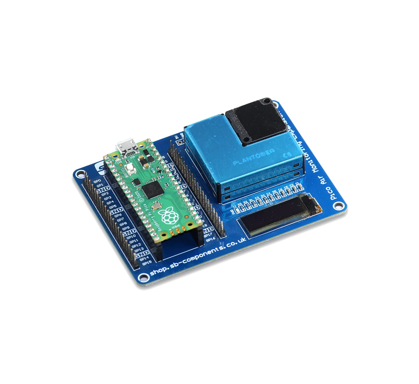 sb components Raspberry Pi Pico con Pico Monitoraggio Dell'aria Espansione PMSA003 Sensore Monitor Aria CAPPELLO per Raspberry Pi Pico con display OLED da 0,9 pollici integrato