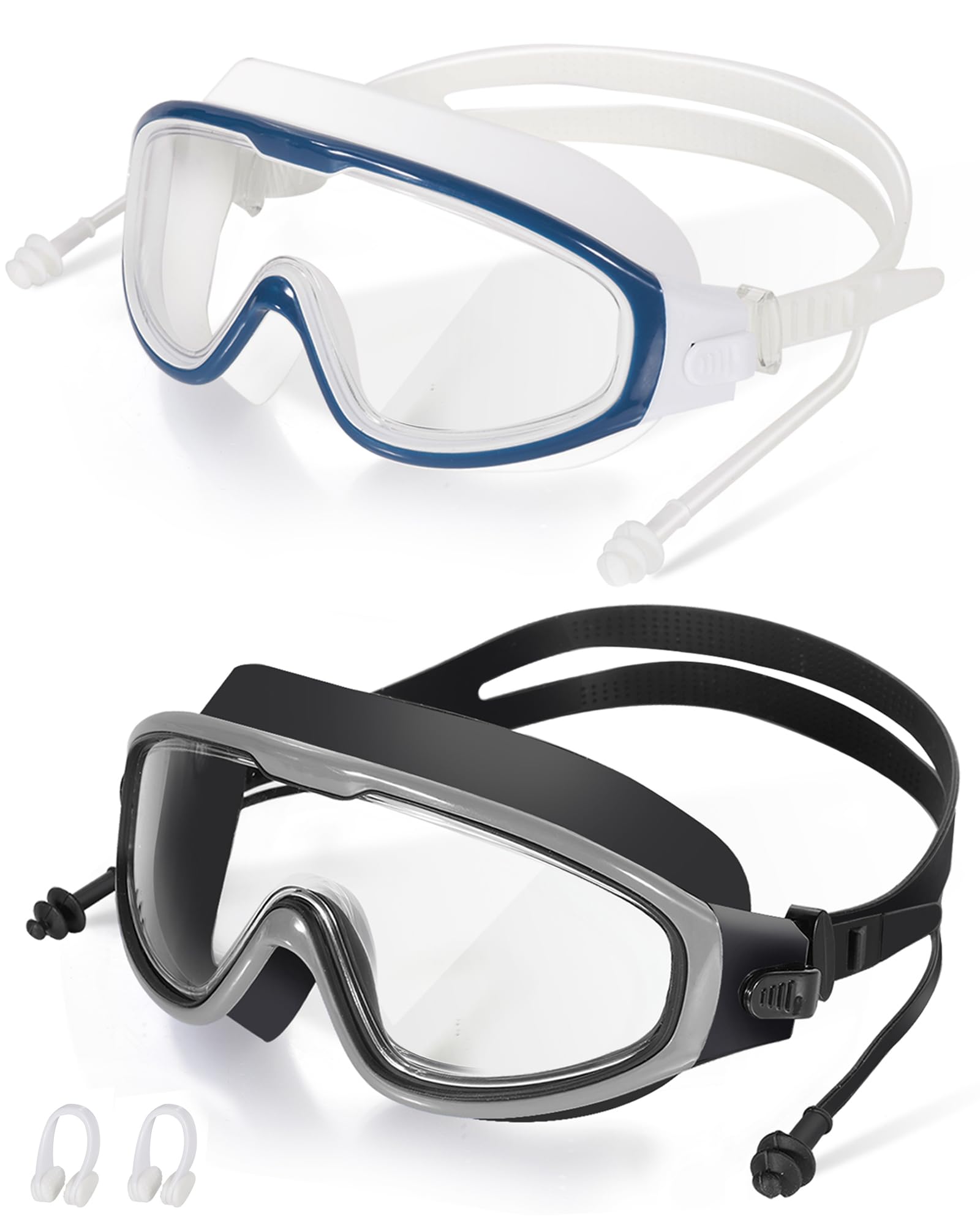 Gafas de natación para adultos, a prueba de fugas, antivaho, gafas de natación de visión amplia con tapones para los oídos y clip para la nariz