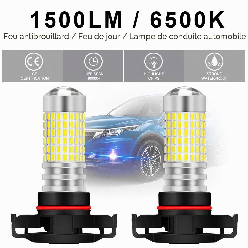 PSX24W 2504 Ampoules LED Anti-Brouillard Blanc Xenon 3000LM 3014 SMD 144-EX avec Projecteur pour Objectif pour Projecteur Antibrouillard Extérieur, 12-24V (Lot de 2)