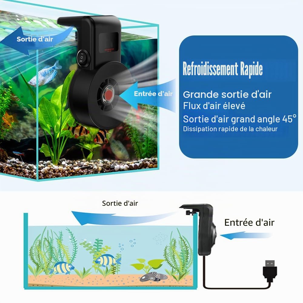 Refroidisseur D'aquarium USB,Ventilateur Mural pour Aquarium,2 Vitesses de Vent avec Grand Angle de 45 °,Faible Bruit pour Réservoir D'eau Douce et D'eau Salée de 200 L,Jusqu'à 8 Mm D'épaisseur