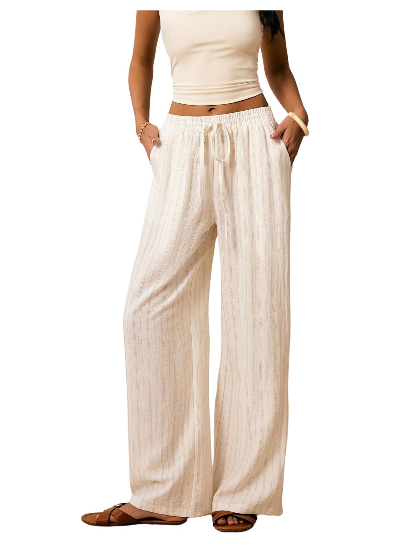 Floerns Womens Linen Wide Leg Pants Elastic Waist Drawstring Casual Loose Trousers