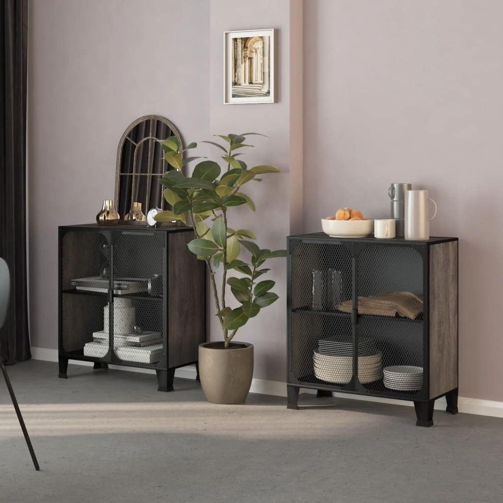 2-Piece Grey Metal Storage Cabinet Set with Fixed Shelving and Mesh Doors for Home Organization