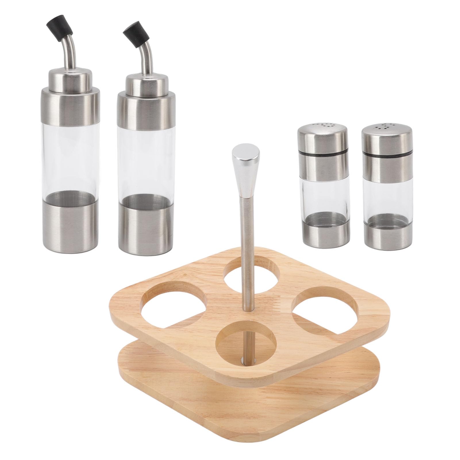 AUNMAS Gewürzflaschen-Set, Edelstahl-Glas-Pfefferflaschen-Set mit Bambusholzgestell, 5-teilig, 25,4 X 18,9 X 12,7 Cm, für Küche, Esstisch, Öl, Sojasauce, Essig