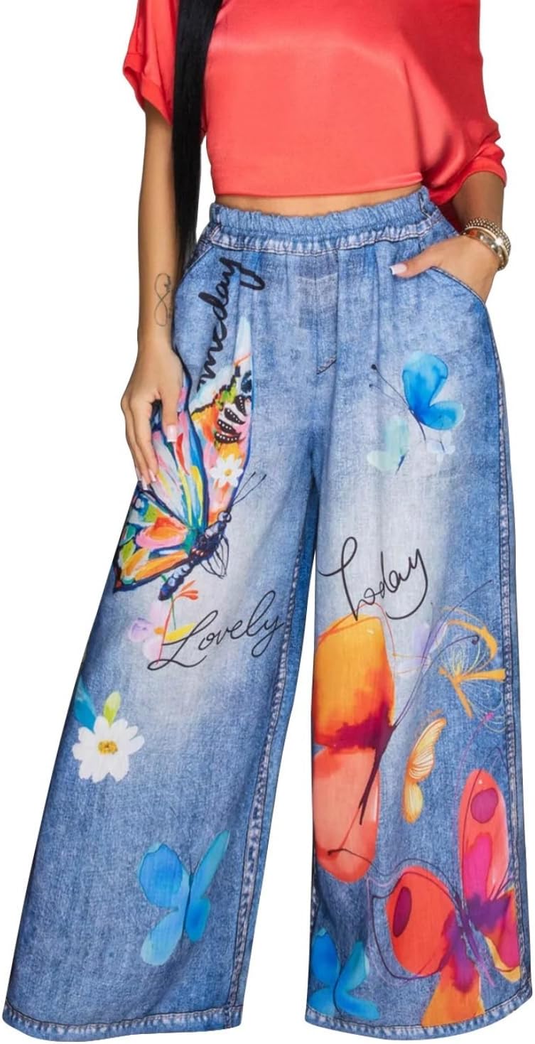 Yeshire Jeans for Women Floral Print High Waisted Wide Straight Leg Bow Jeans Denim Pants