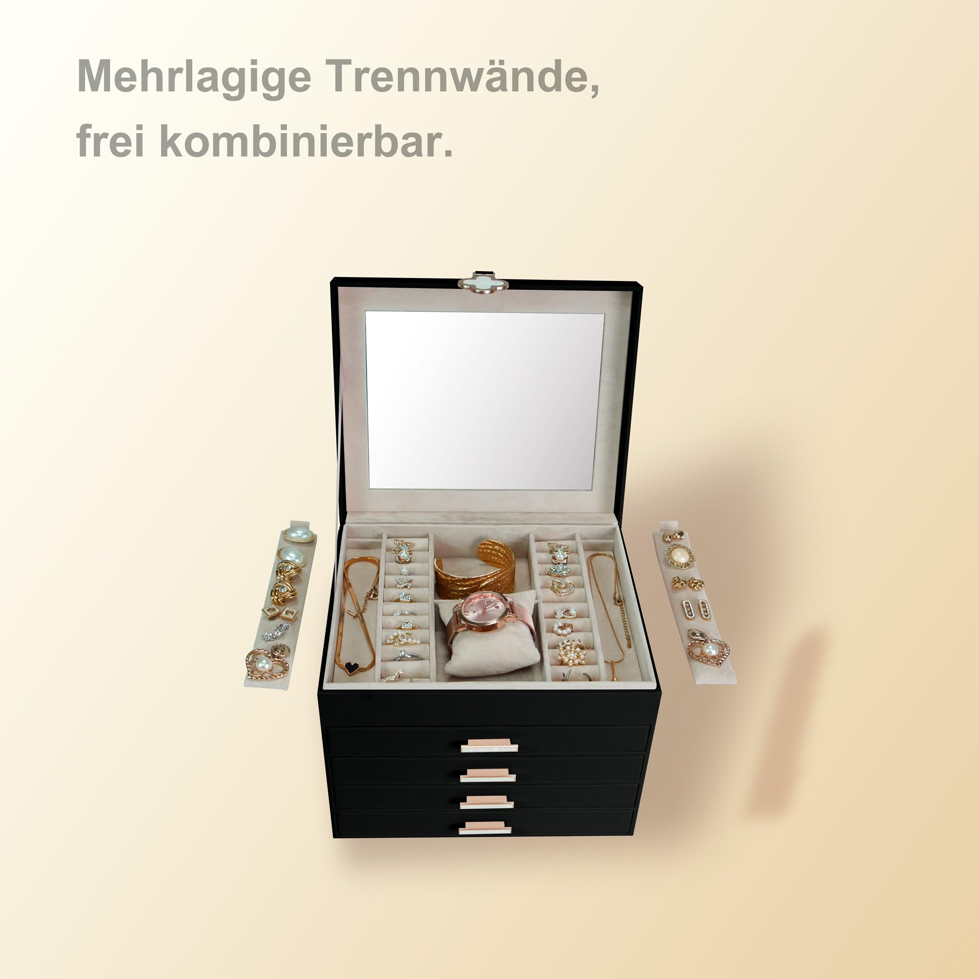 Schmuckschatulle 5 Ebenen,Schmuckkästchen mit Kleeblatt-Verschluss,großem Spiegel & flexibel einteilbaren Fächern,schmuckaufbewahrung für Halsketten, Ringe& Ohrringe,Geschenk Schwarz