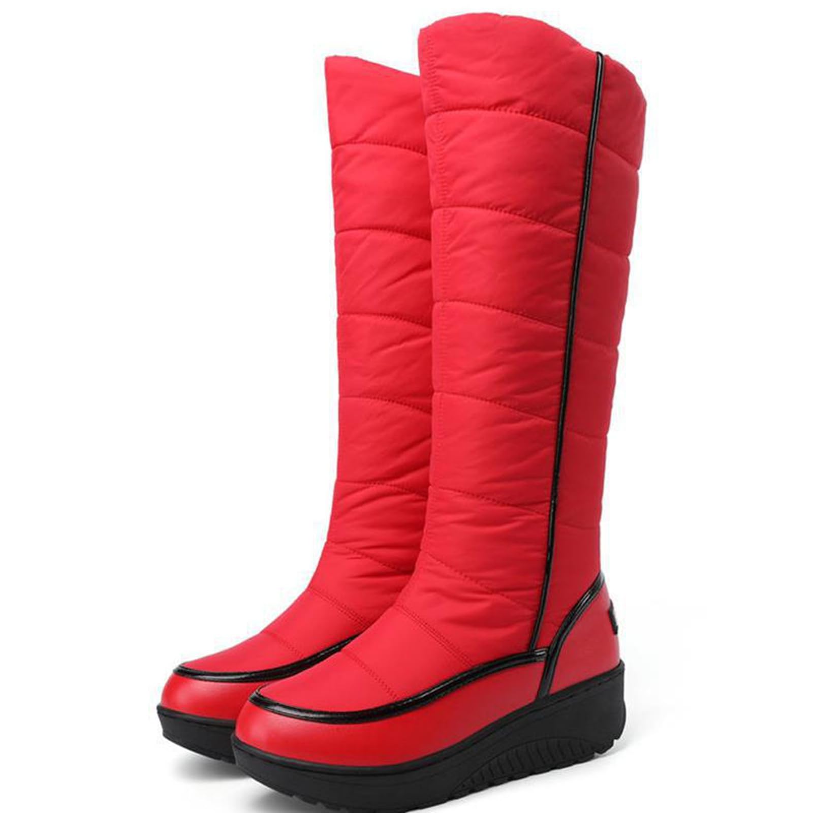 Womens Down Cloth High-Top Warm Snow Boots With Round Toe Flat Heel Thick Bottom Plush Lightweight Non-Slip Knee-High