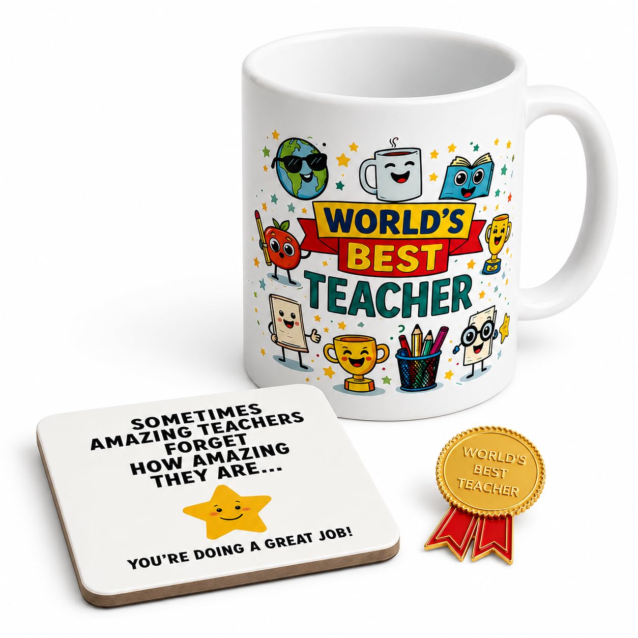 BestaFiesta World's Best Teacher Gift Set Teachers Thank You Gift – Ceramic Mug, Coaster, Enamel Pin Badge - End of Term Teacher Appreciation Present Unisex for HIm for Her Nursery Primary