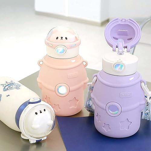 Miniatura 6 de JQWSVE Botella de agua Kawaii, bonitas botellas de agua aisladas con popote y calcomanías, organizador de botellas de agua con aislamiento al vacío