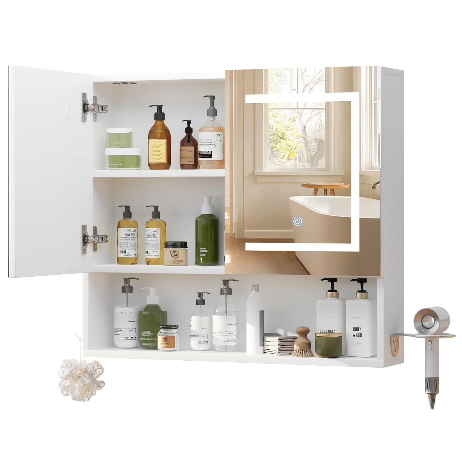 ELUCHANG Armadio da bagno con specchio e illuminazione a LED,Specchio Bagno Contenitore, ripiani regolabili,Porta Asciugacapelli e Asciugamani, Mobile Bagno con Specchio a Due Ante,60X14X60CM,Bianco