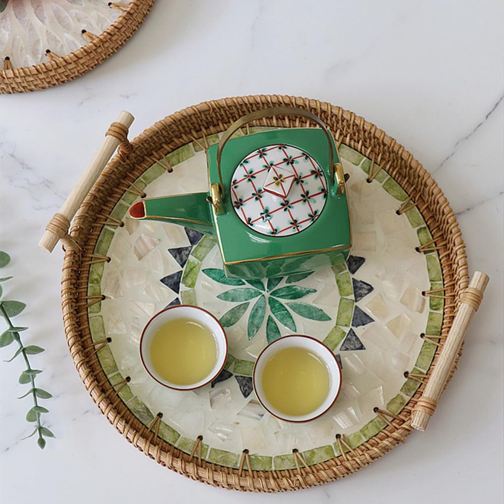 Vassoio da Portata in Rattan Con Manici, Vassoio Decorativo Rotondo Vassoio Cucina, Vassoio Portaoggetti per Caffè, Bevande, Colazione, tè, Pane, Candele