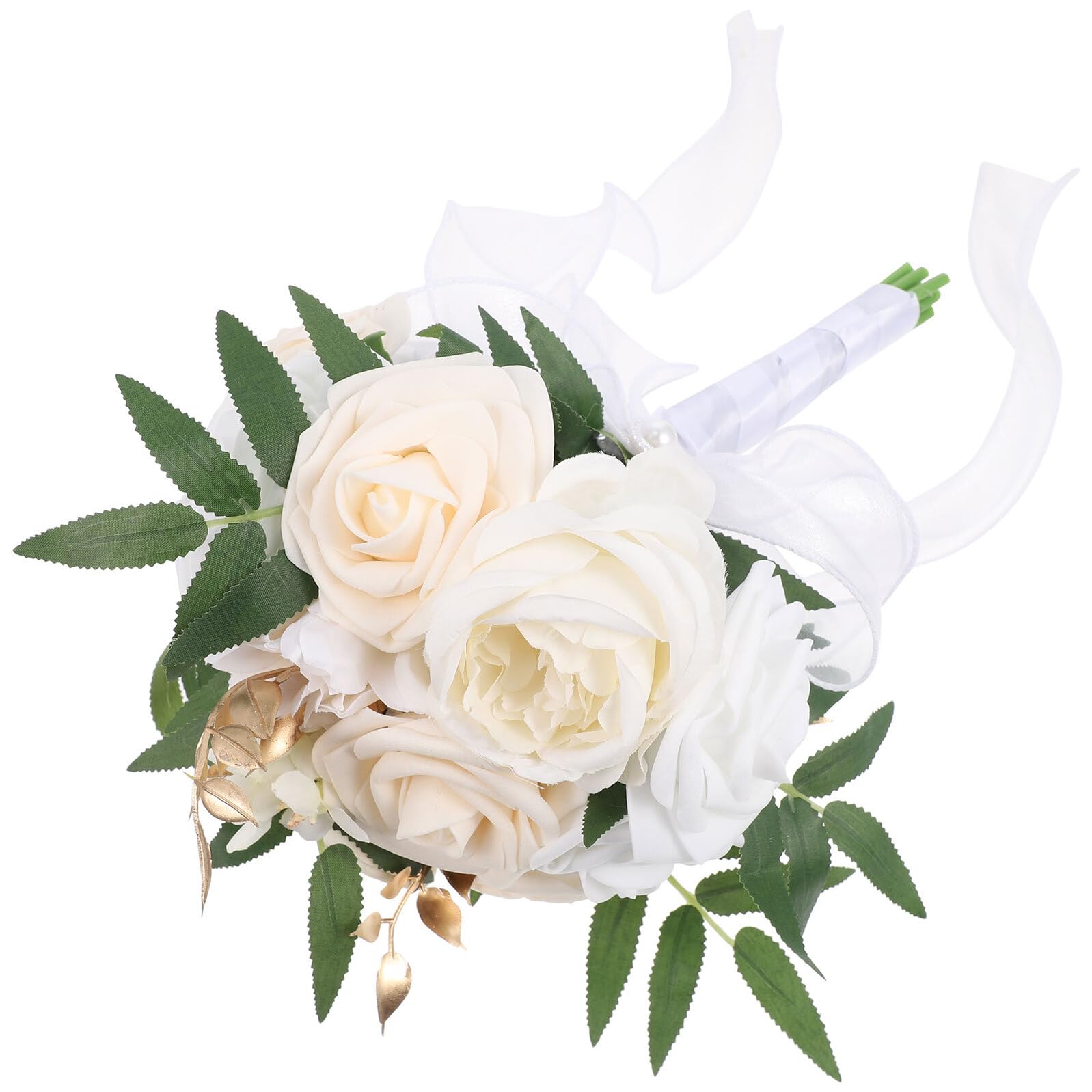 Bouquet de mariée artificiel avec roses blanches et crème de 22x29 cm