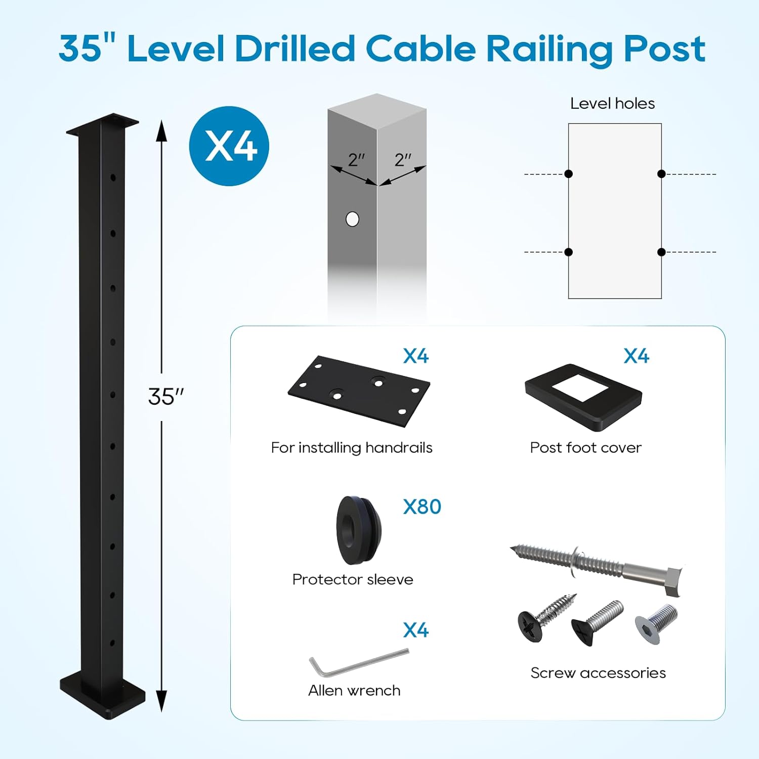 level drilled cable railing post 36" (35"x2"x2"), stainless steel black square deck railing post flat bracket, pre-drilled level holes railing post for horizontal cable system, surface mount posts(4p) level post 4