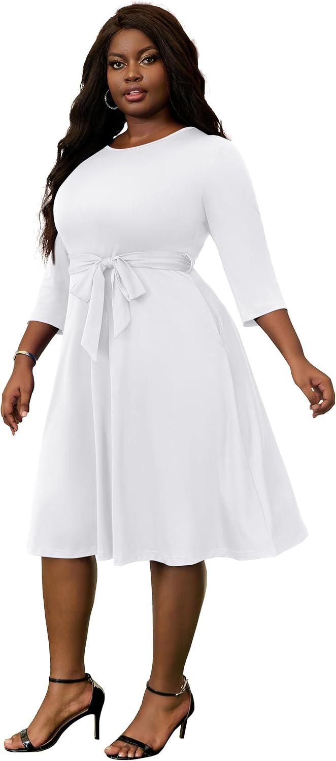 FANDEE Plus Size Midi Dress for Women - Printing Summer Dresses Casual 3/4 Sleeves Round Neck, Pockets and Belt（XL-5XL）