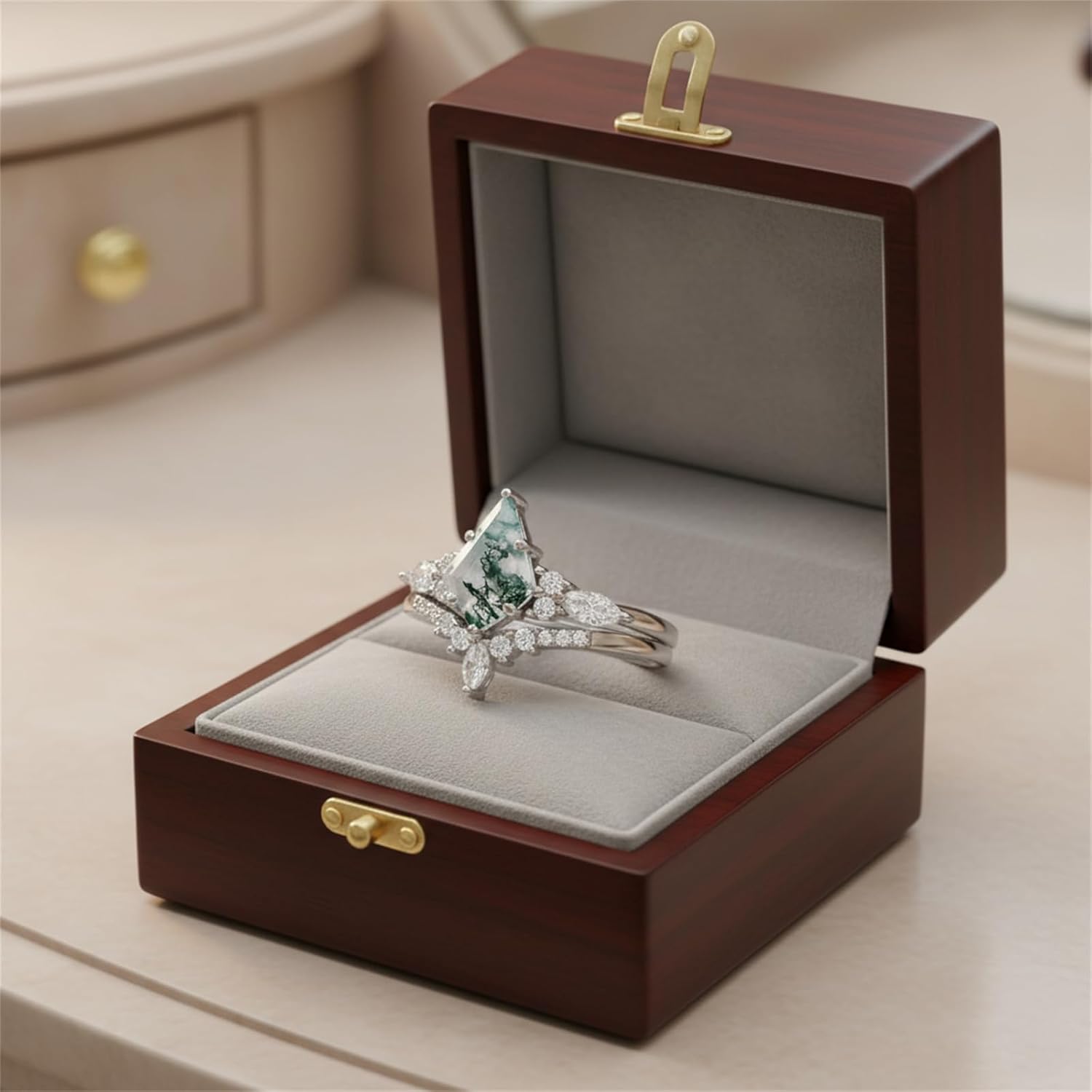 Moss Agate Ring Set 1 CT Kite Cut Moss Agate Rings for Women 925 Sterling Silver Rings With 18k White Gold Plated - Image 4