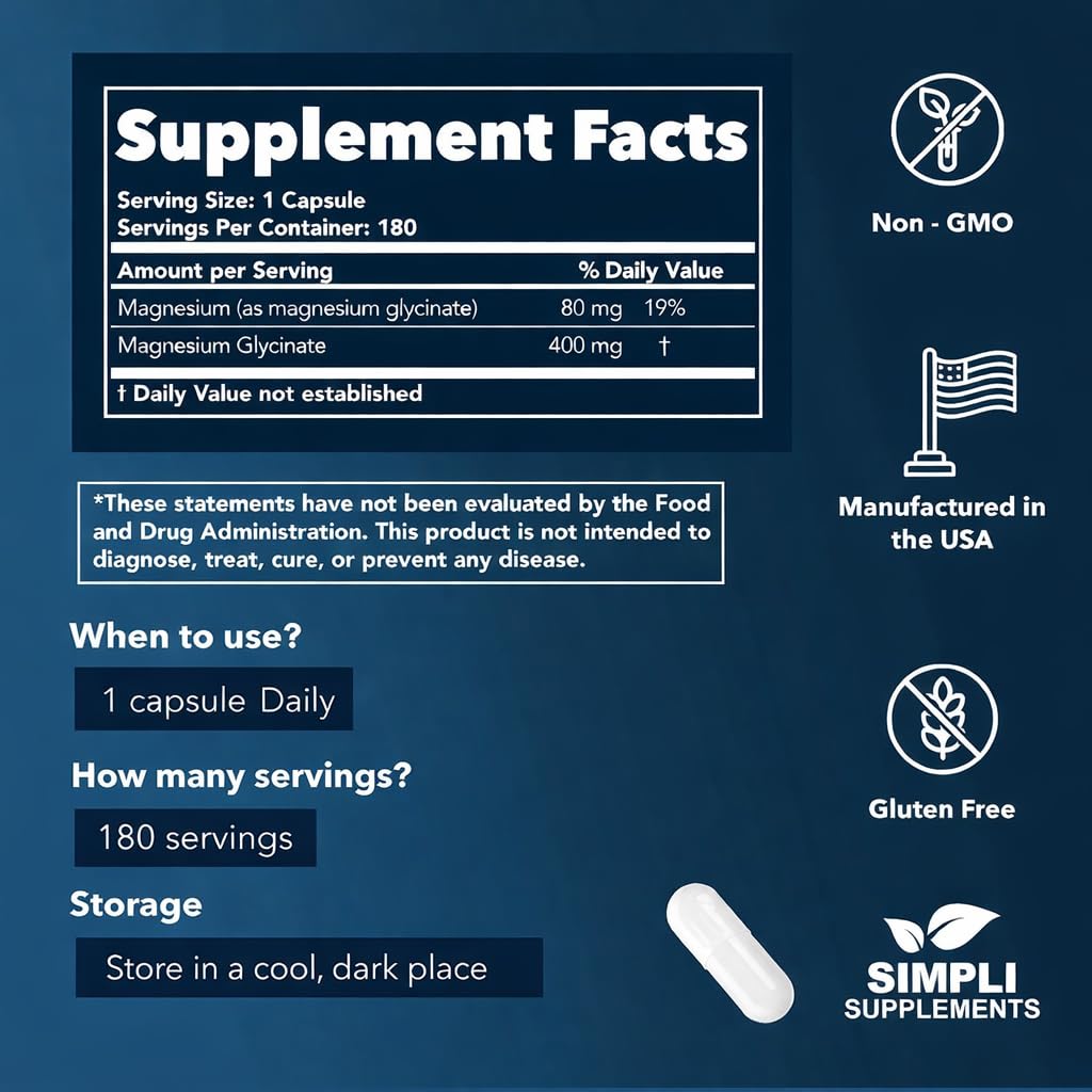 Magnesium Glycinate 400mg per Serving – High Absorption – Gentle on Stomach – Supports Sleep, Relaxation, Muscle, Bone & Immune Health – Non-GMO, Vegan, 180 Capsules