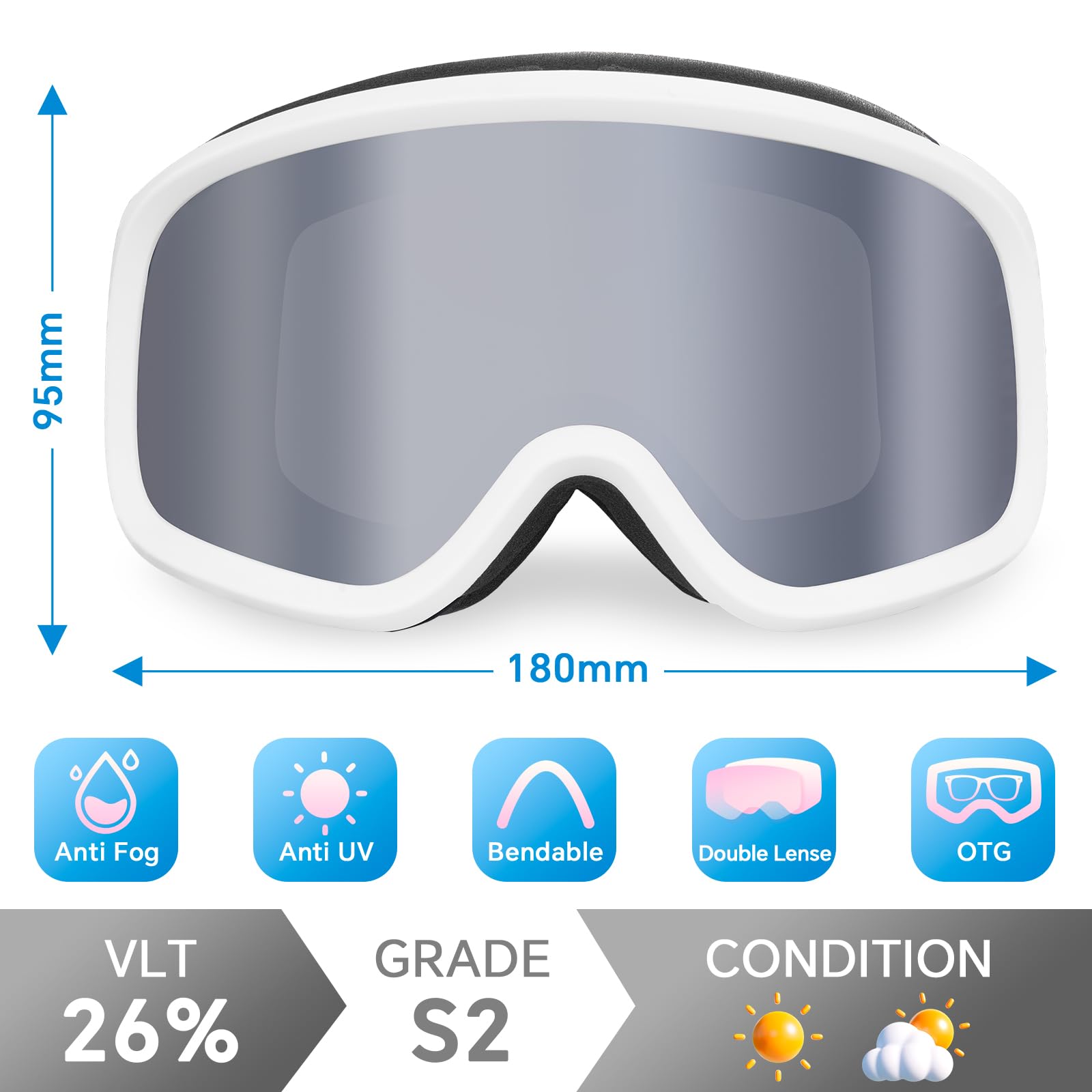 Keary Gogle narciarskie mężczyźni kobiety gogle snowboardowe gogle śnieżne dla dorosłych młodzieży OTG 100% ochrona UV gogle snowboardowe