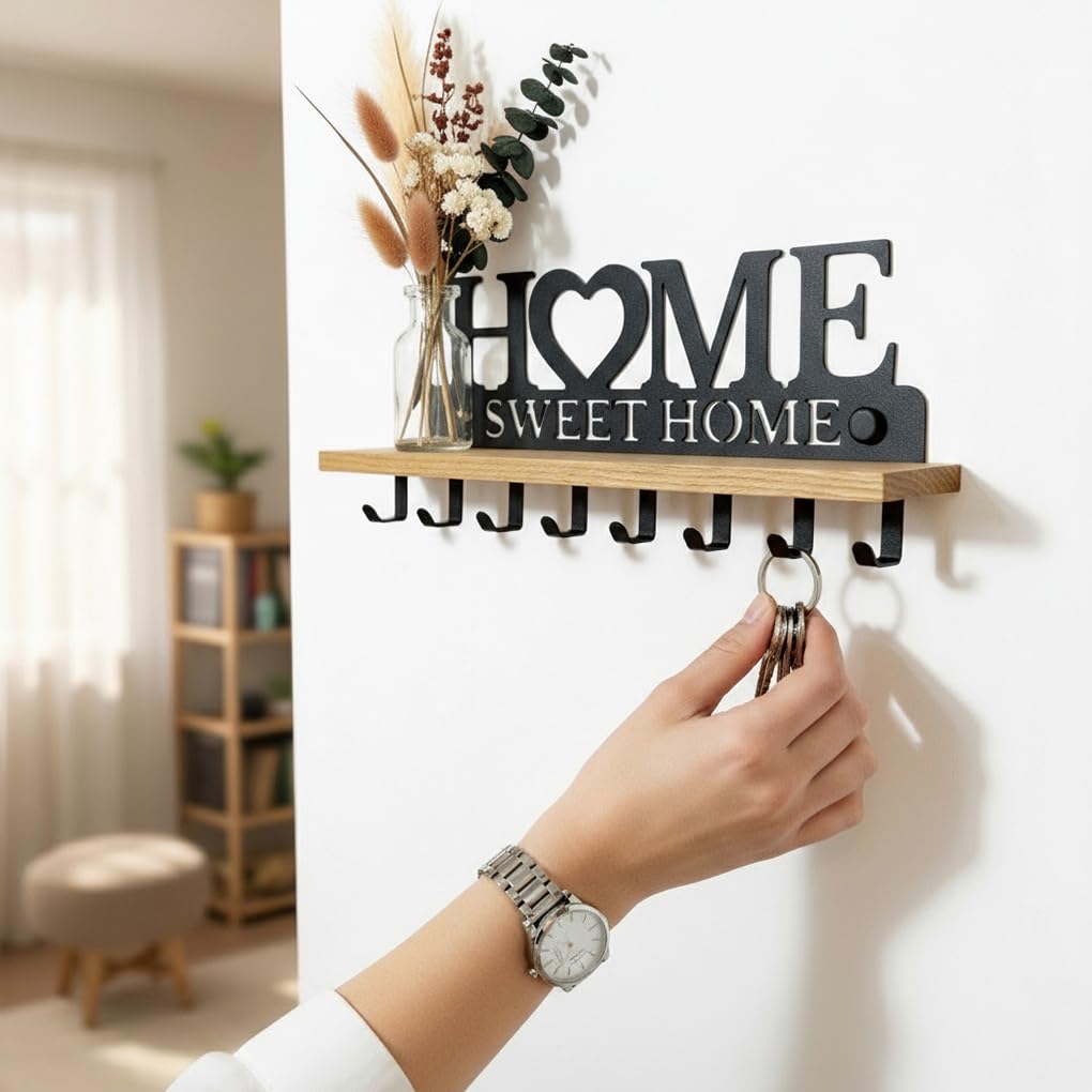 Portachiavi con Mensola in Legno Massello e Metallo – Organizer da Parete con 8 Ganci – Targa Home Sweet Home per l’ingresso