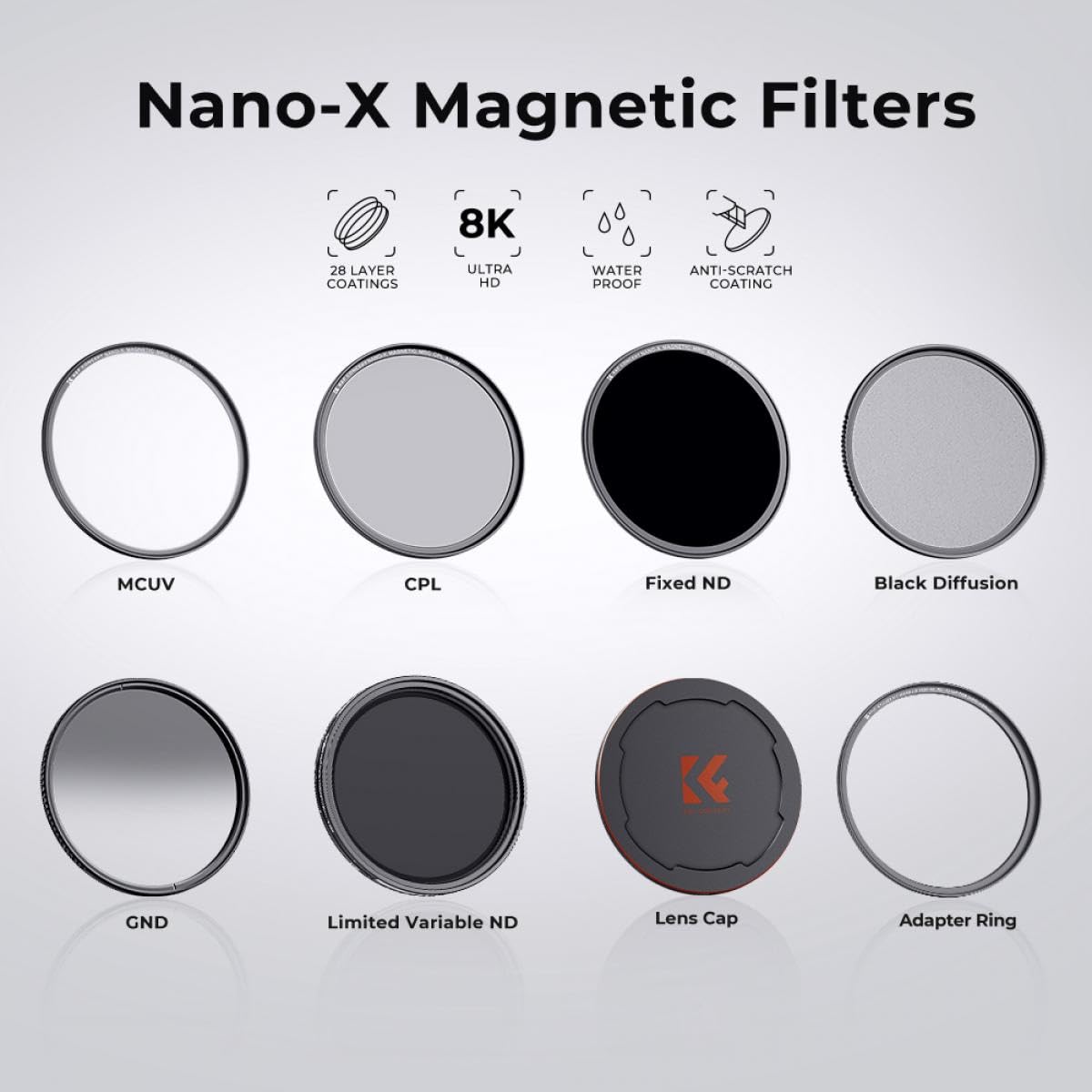 K&F Concept Nano-X Series 4 en 1 Kit de filtros de lente magnético MCUV CPL fijo ND1000 con 28 revestimientos múltiples para lente de cámara, impermeable, resistente a los arañazos con bolsa de filtro