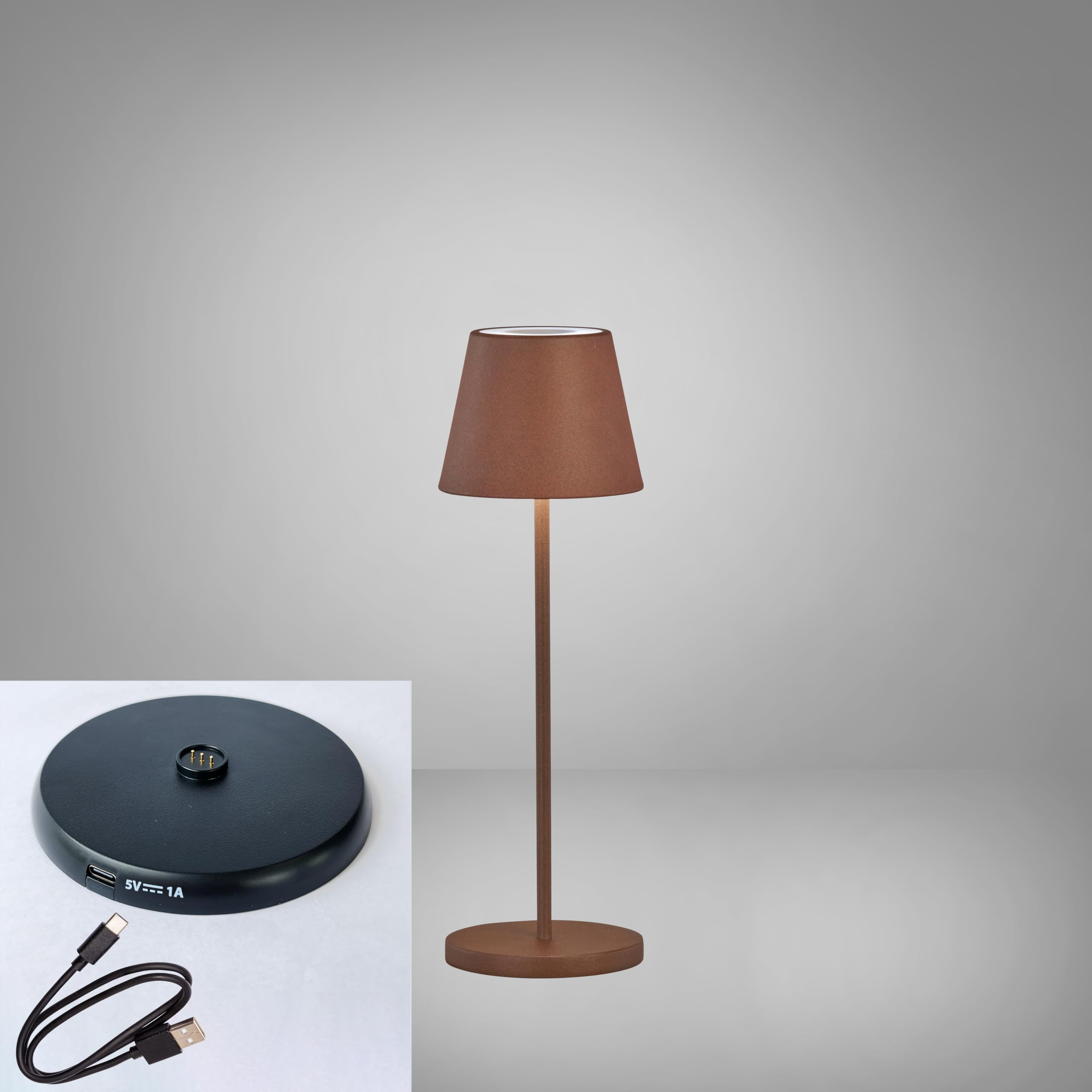 Outdoor Akku Tischlampe COSENZA Rostfarben ohne Kabel mit USB Anschluss & Ladestation