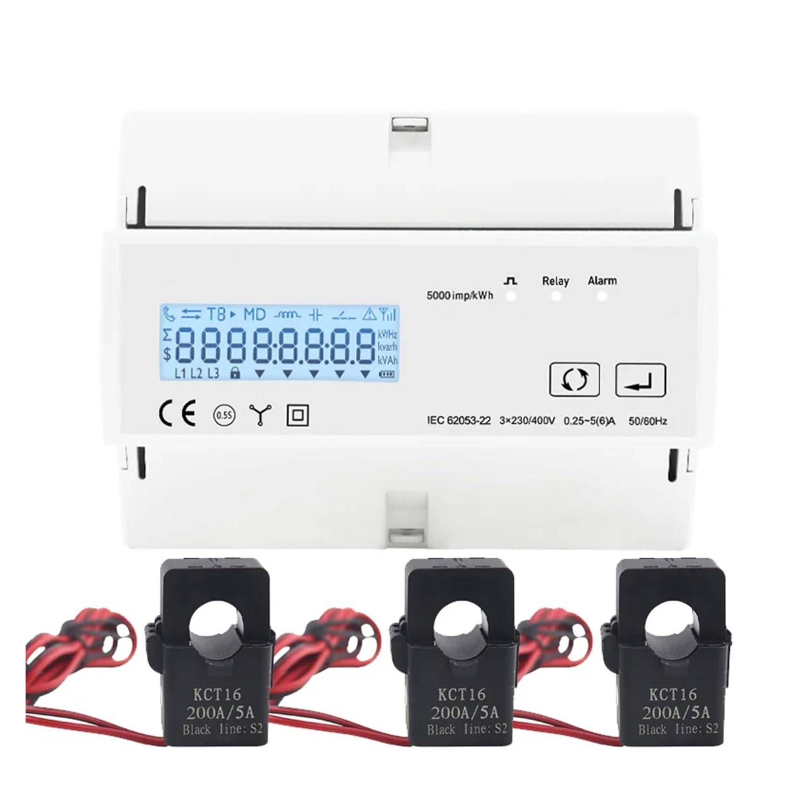 Compteur d'électricité numérique Compteur De Consommation 230VAC Wattmètre, Compteur D'énergie Bidirectionnel Triphasé avec 3 Transformateurs De Type Fendu CT(Meter 3PCS CT 200A)