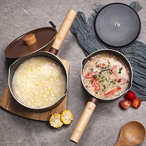 SKY LIGHT Sauce Pan 2 Quart, Nonstick Saucepan with Lid, Stone-Derived Granite Coating No-stick Saucier Pot, Ergonomics Wooden Handle, Pour Spouts Milk Pot, Induction Compatible, Brown