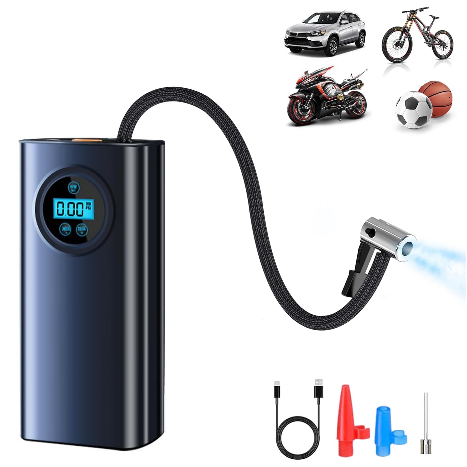 U-HOOME Fast Tire Inflator Portable Wireless Air Compressor, 150PSI Rechargeable Portable Electric Air Compressor 3600mA with LED Display Smart Pressure Gauge for Motor, Bike, Ball, Black