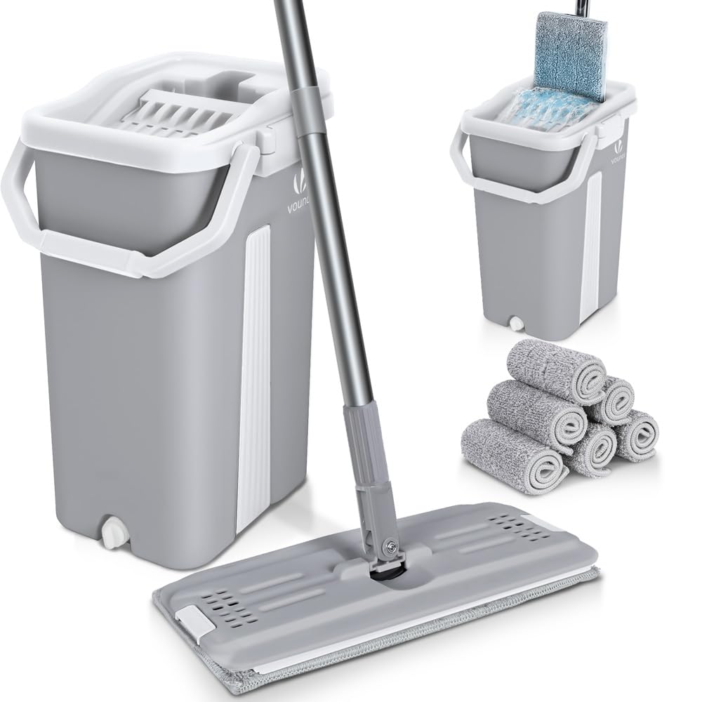 VOUNOT® Juego de Fregona y Cubo Escurridor 2 Compartimentos, Mopa Plana Microfibra con 6 Almohadillas Reutilizables, Trapeador Giratorio 360° Limpieza Suelos Madera, Laminado, Baldosas y Mármol, Gris