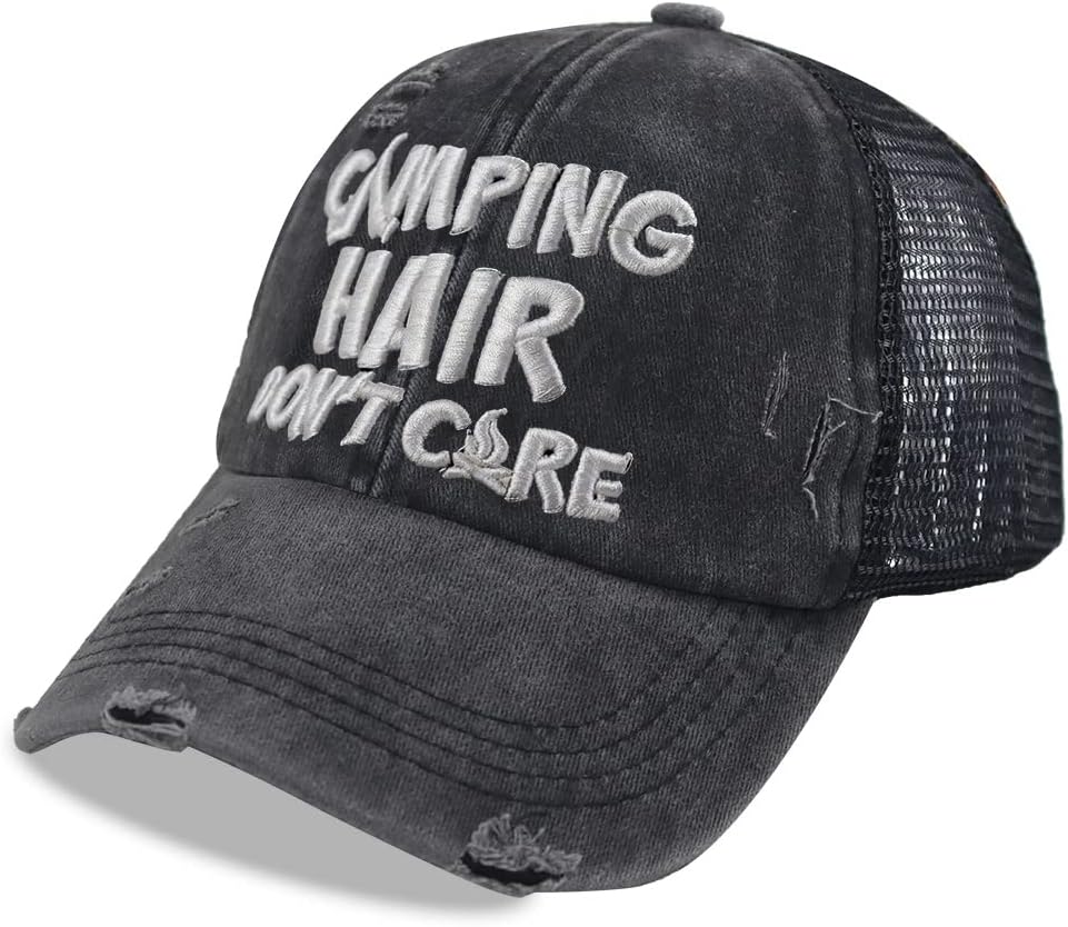 Camping Hair Don't Care Hat, Vintage Washed Distressed Mesh Baseball Cap - Image 2