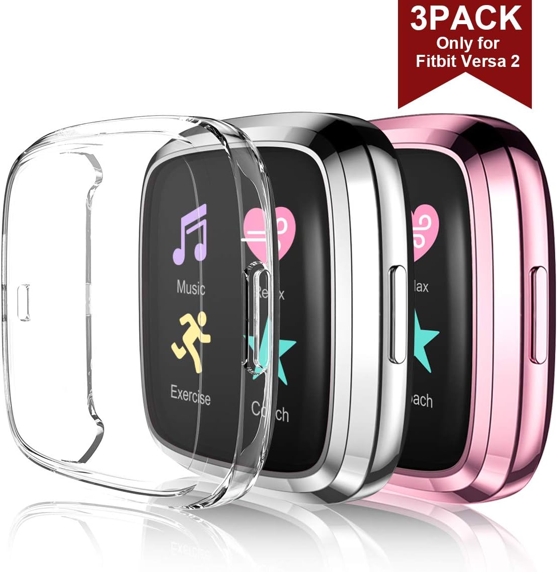 Maledan Compatible with Fitbit Versa 2 Screen Protector Case, Full Protective Case Cover for Versa 2 Smartwatch Bands Accessories, 3 Pack Clear/Rose Pink/Silver