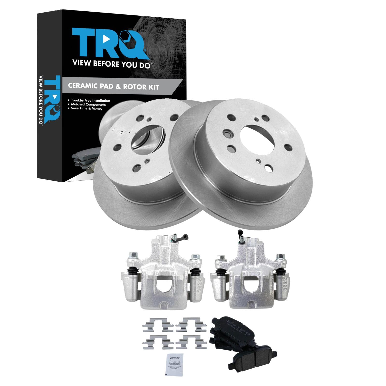 TRQ Rear Brake Pad and Rotor Set Ceramic Rotors Calipers Compatible with 2005 Toyota Avalon