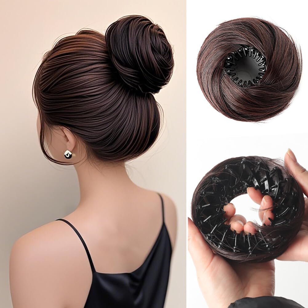 LesafeV Messy Bun Hair Piece Synthetic Chignon Ponytail Hair Extensions Fluffy Donut Updo Scrunchies for Women Instant Shrinkable (Dark Brown)