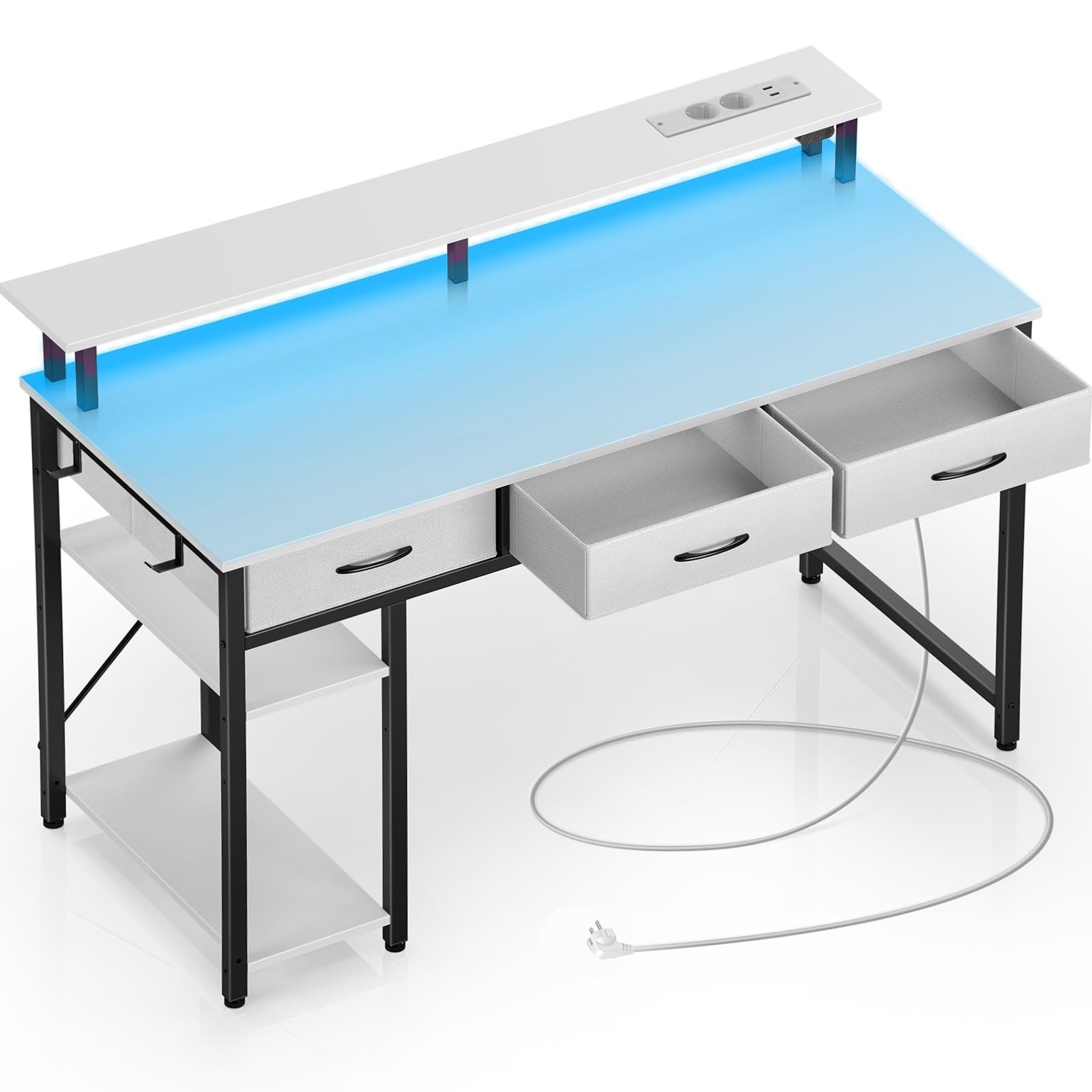 Rolanstar Schreibtisch mit Schubladen, Computertisch mit Steckdosen & LED, Gaming Tisch mit Monitorständer, Regal & 2 Haken, Gaming Schreibtisch für Büro, Wohnzimmer(Weiß, 137x47x90,5cm)