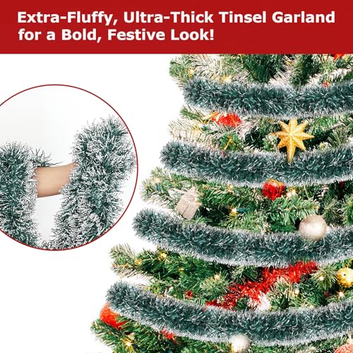 Image of 50ft Green & White Christmas Tinsel Garland - Metallic Glitter Twist Garland Hanging Streamers for Xmas Tree Decorations Indoor /Outdoor Decor