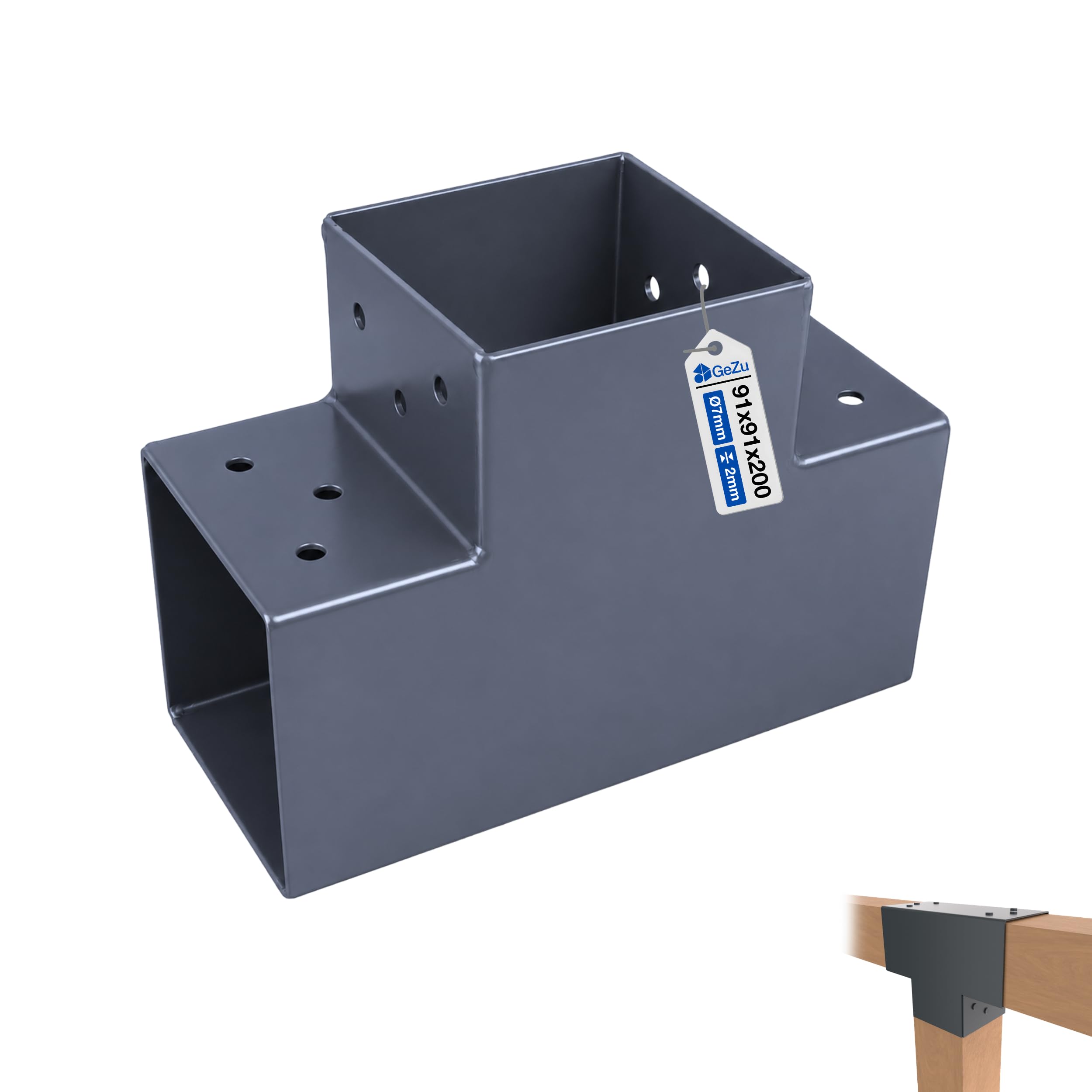 GeZu Impex Post Connector T 91 x 91 mm Anthracite Powder Coated Pergola T Shape 3 Beam Post Connector Corner Pavilion Bracket