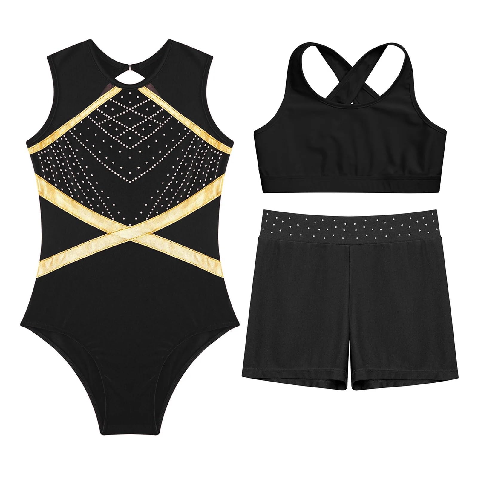 Maillot Gimnasia Ritmica Kids Girls Gymnastics Outfit Figure Skating Jumpsuit Ballet Tutu Leotards Patchwork Sleeveless Leotard With Crop Top Shorts
