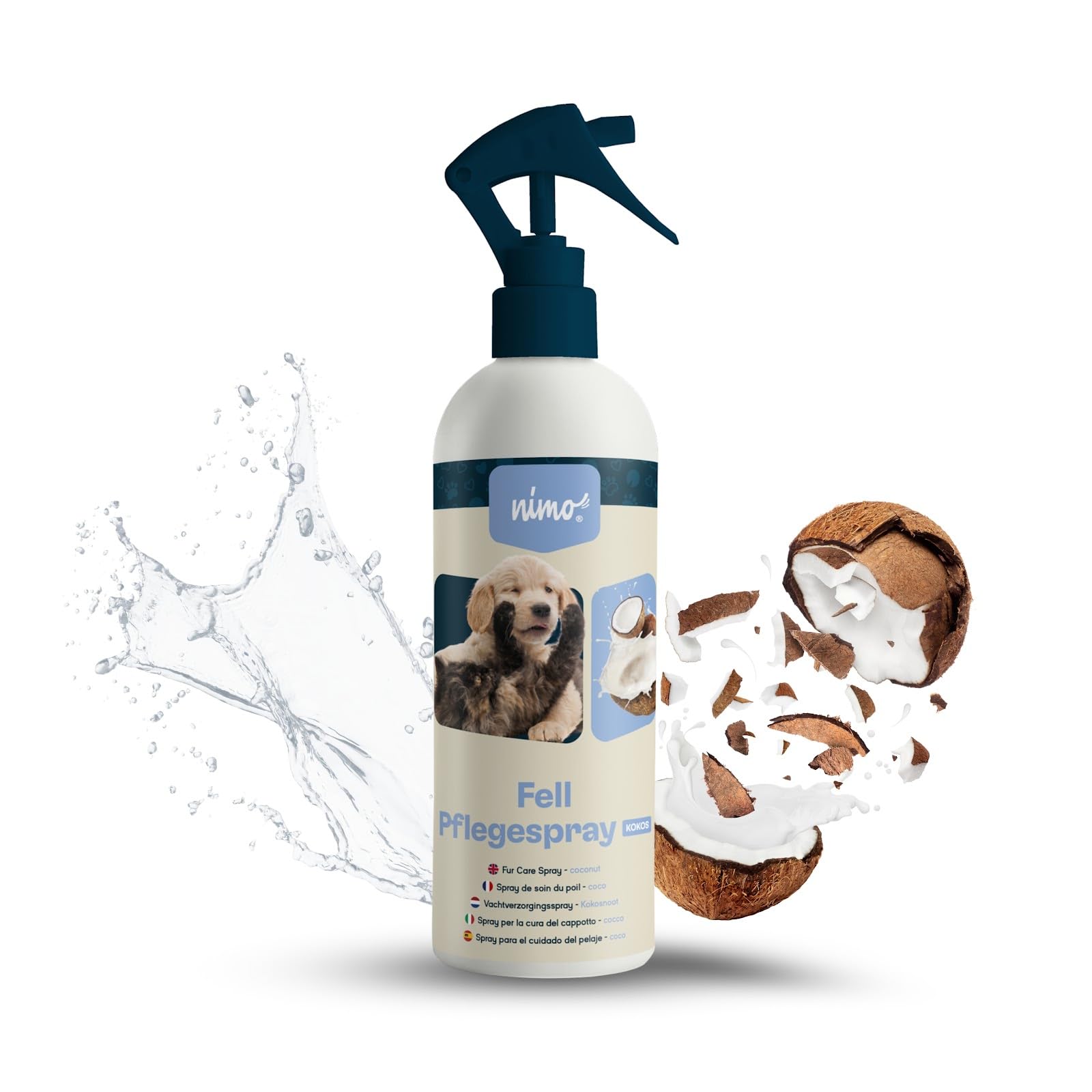 nimo Fell Pflegespray Kokos | für Hunde, Katzen & Haustiere | Pflegespray für glänzendes & gepflegtes Fell | leichtere Kämmbarkeit, Fellpflege, Entwirrung