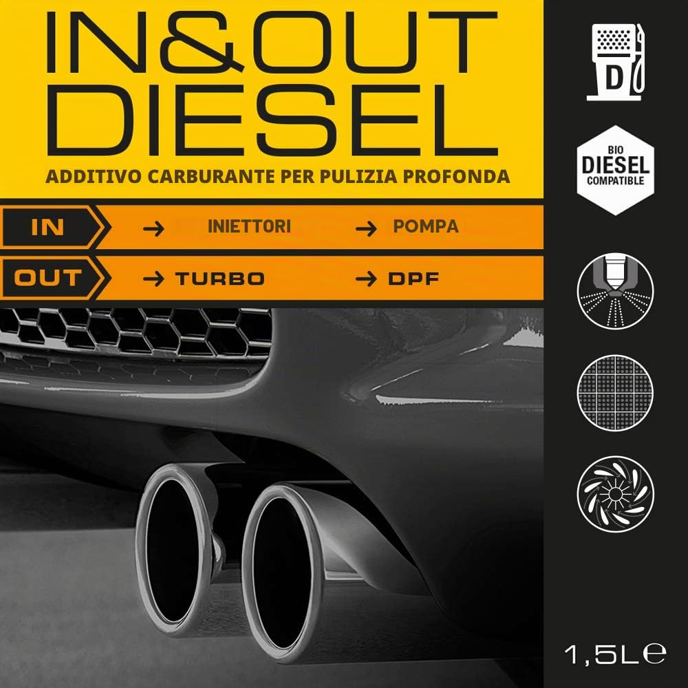Xenum IN&OUT - Detergente Diesel da 1,5 l, 4 in 1 per DPF, iniettori, Turbo ed EGR protegge da depositi, migliora le prestazioni e la fornitura di carburante, preventivo e problem solving per motori