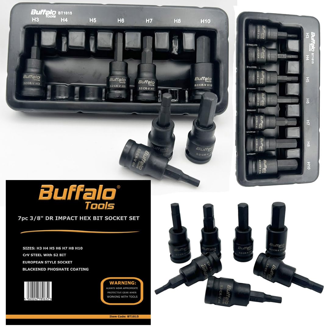 Buffalo Tools Black 7Pcs 3/8 Inch Hex Impact Socket Bit Set H3-H10, Durable Vanadium Steel, Rust Resistant Finish, 2Mm-10Mm Tool Set With Storage Tray