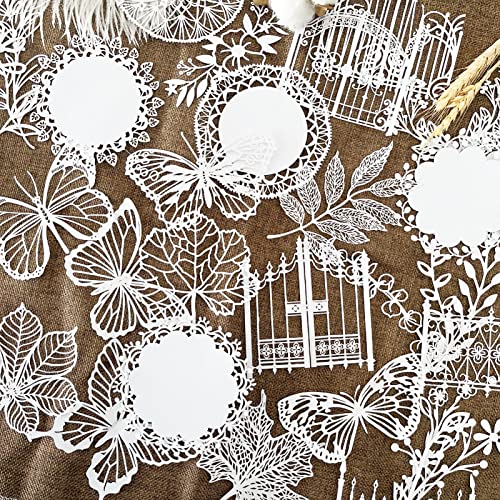 Vintage Scrapbooking Supplies Pack - 40 Pcs Cutout Art Lace Scrapbook Paper Flowers Leaves, Butterflies,Doors, ,White Cutout Decorative Diy Craft Paper Stationery For Junk Bullet Journaling Supplies #TOP24