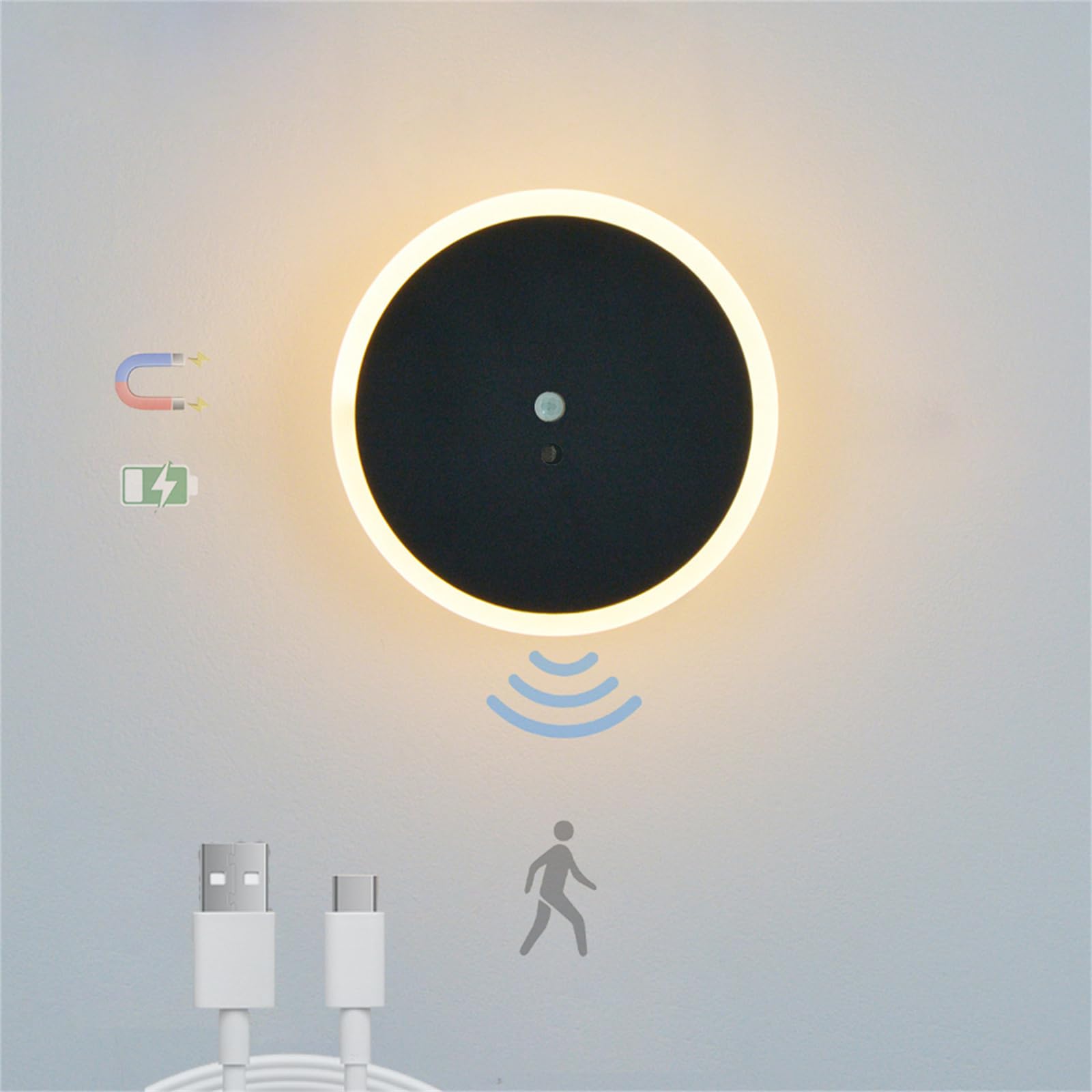 Aplique de Pared con Luces LED para Interiores, magnético, Creativo, con Sensor de Movimiento, lámpara de Pared Recargable por USB, Funciona con Pilas, Redondo, inalámbrico, de ALU