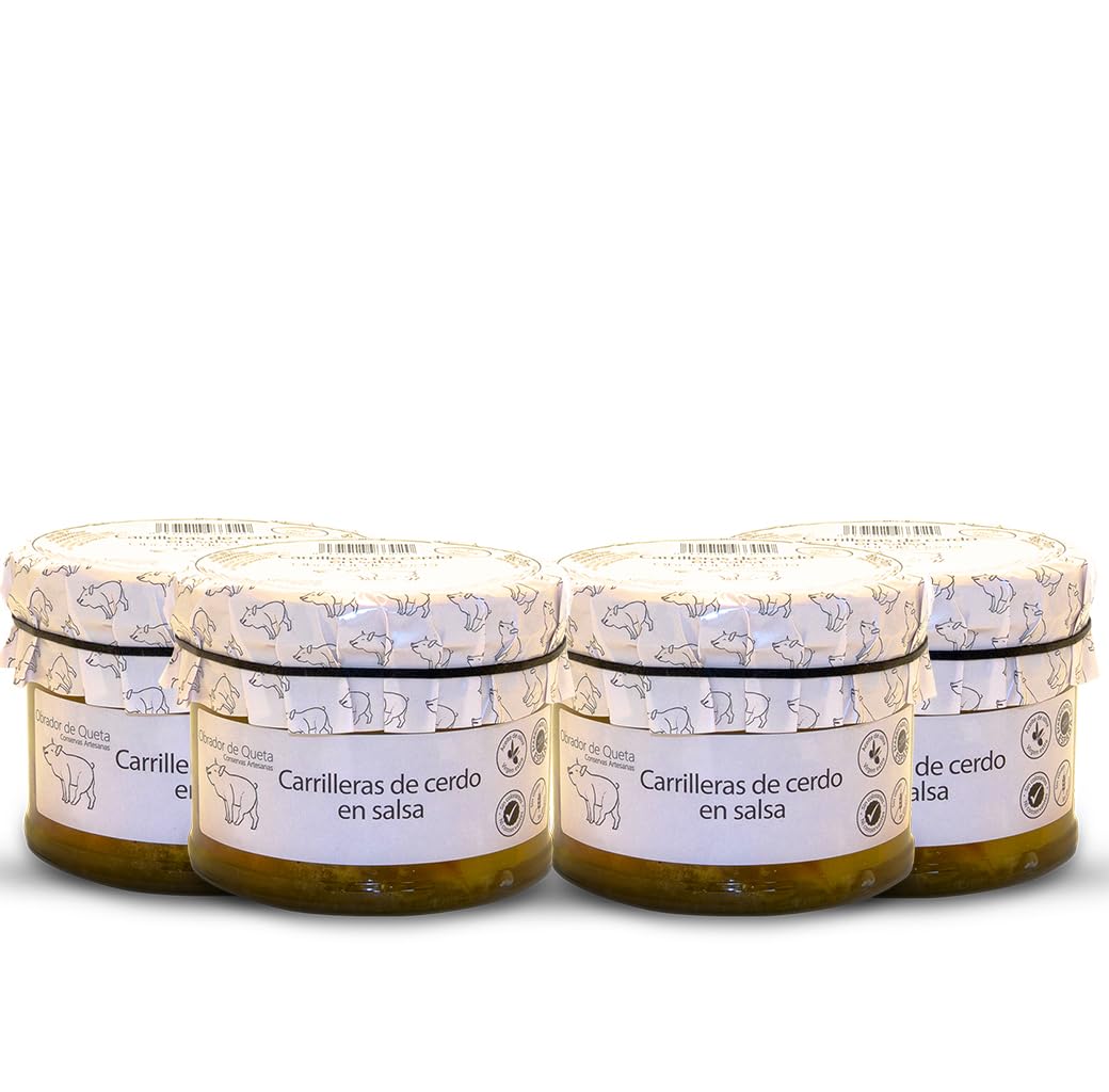 Carrilleras de cerdo al vino blanco. Conservas Gourmet. Carrilleras estofadas 440grs (Pack de 4). Receta familiar, casera y artesana. Regalo original para todos. Producto 100% elaborado en España.