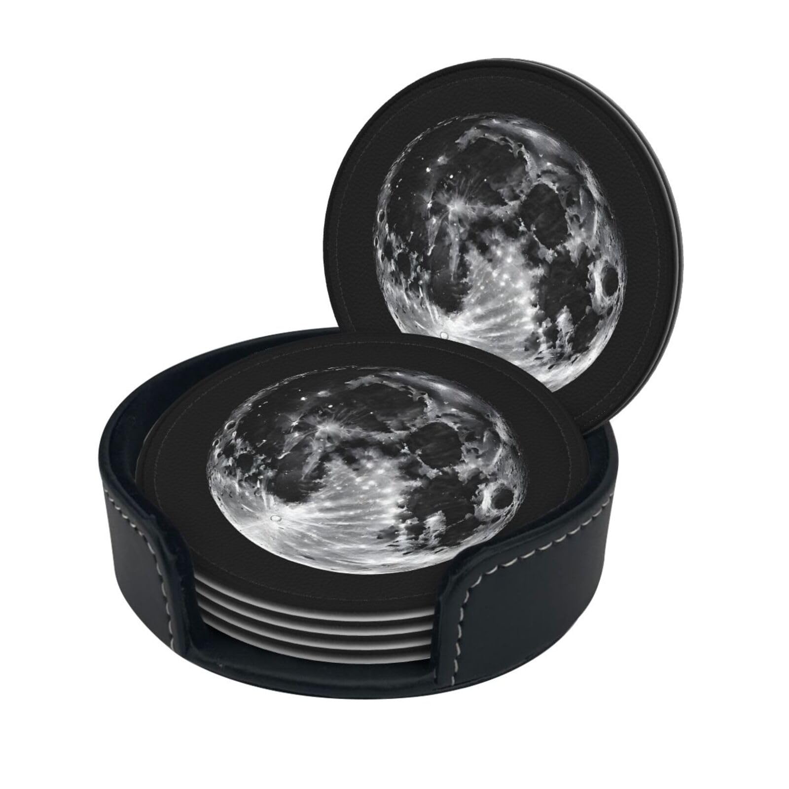 Moon Print Coaster,Round Leather Coasters with Storage Box for Wine Mugs,Cold Drinks and Cups Tabletop Protection (6 Piece)