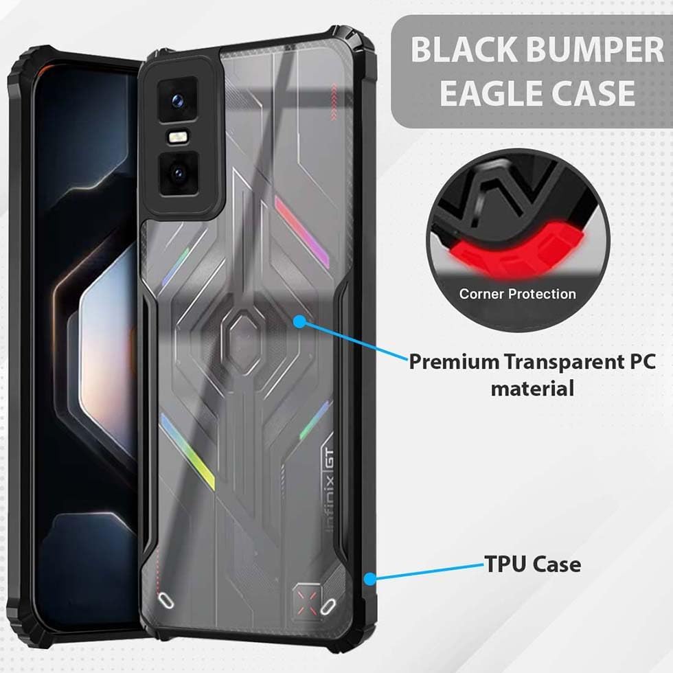 Image of Hybrid Back Cover for Infinix GT 30 Pro 5G | Infinix GT 30 5G, 360 Protection | Crystal Clear with Black Bumper | Camera Protection | Ultra Hybrid Transparent (Black Bumper)