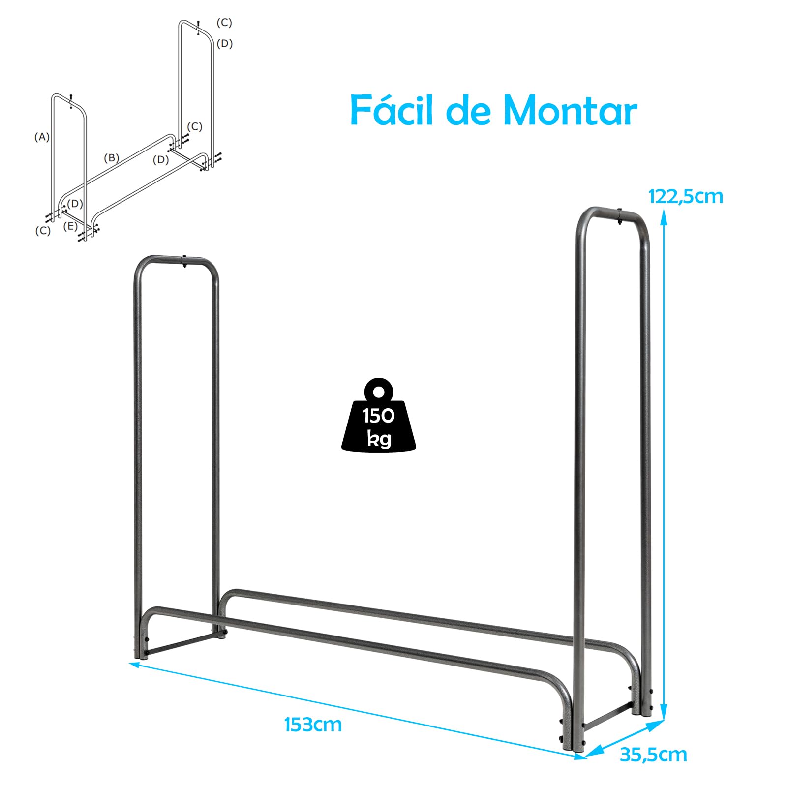 COSTWAY Leñero Exterior con Cubierta PVC 600D Impermeable, Estante leña de 122,5 CM/153 CM/184 CM/240 CM, Soporte para Leña Chimenea Interior Exterior Patio Negro (153 CM)