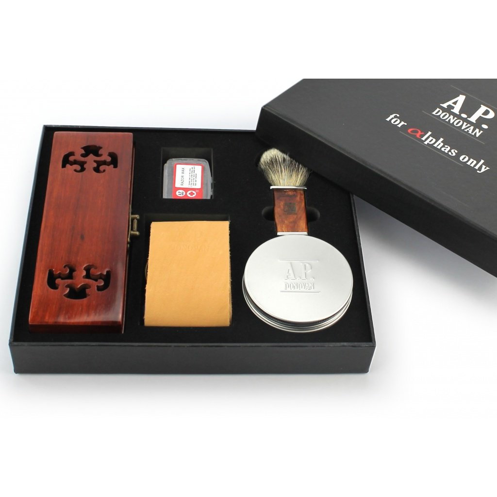 Luxus 7/8" Rasiermesser mit Damast-Klinge und Mahagoni Holzgriff (inkl. Rasierseife, Rasierpinsel, Streichriemen) Geschenke für Männer - Geschenkset