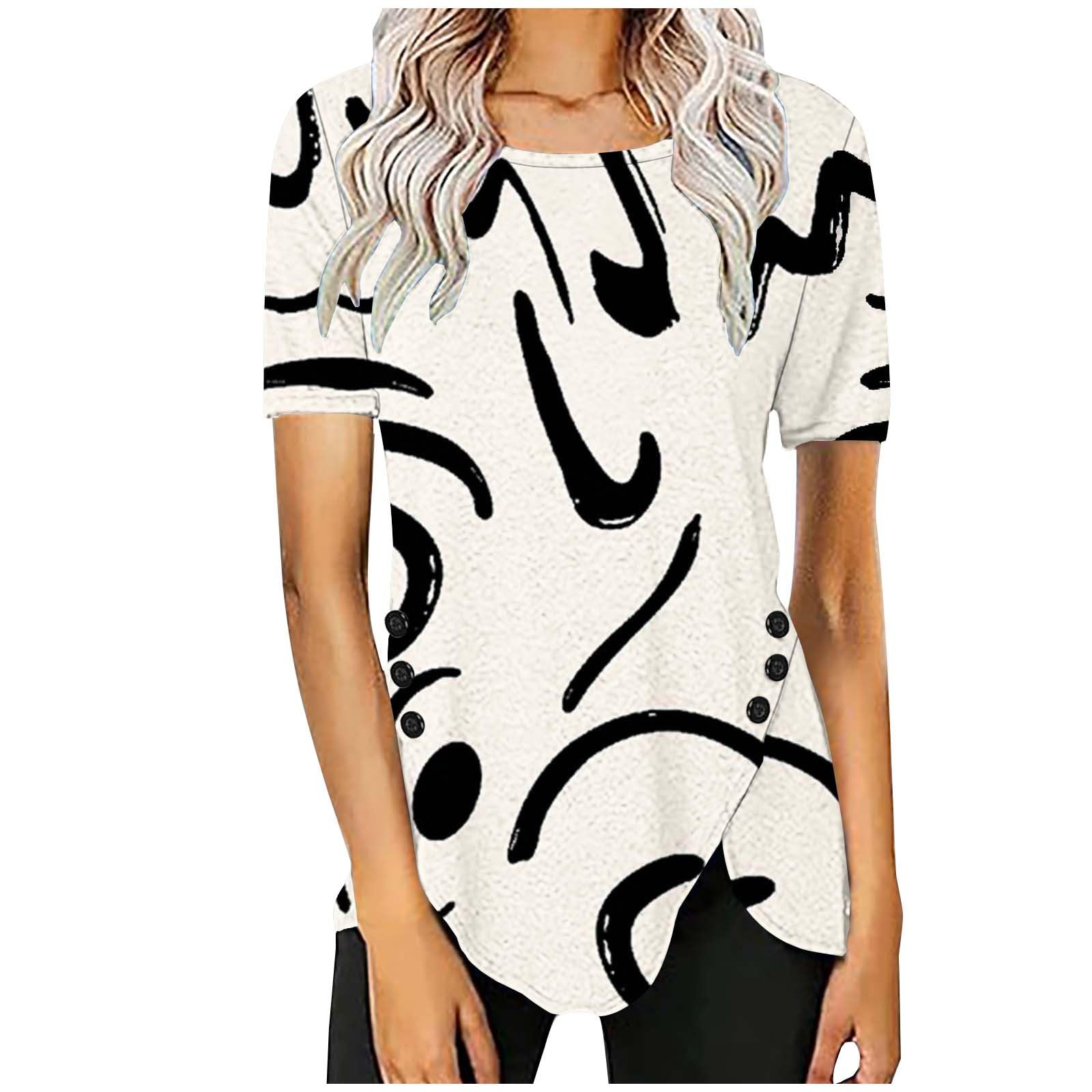 Womens T Shirts Casual Button Printed Short Sleeve Blouse Short Sleeve Round Neck Blouse with Irregular Hem